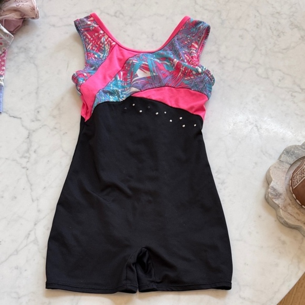 Girls Gymnastics Leotard Pink Black Freestyle Size 6 Dance Biketard